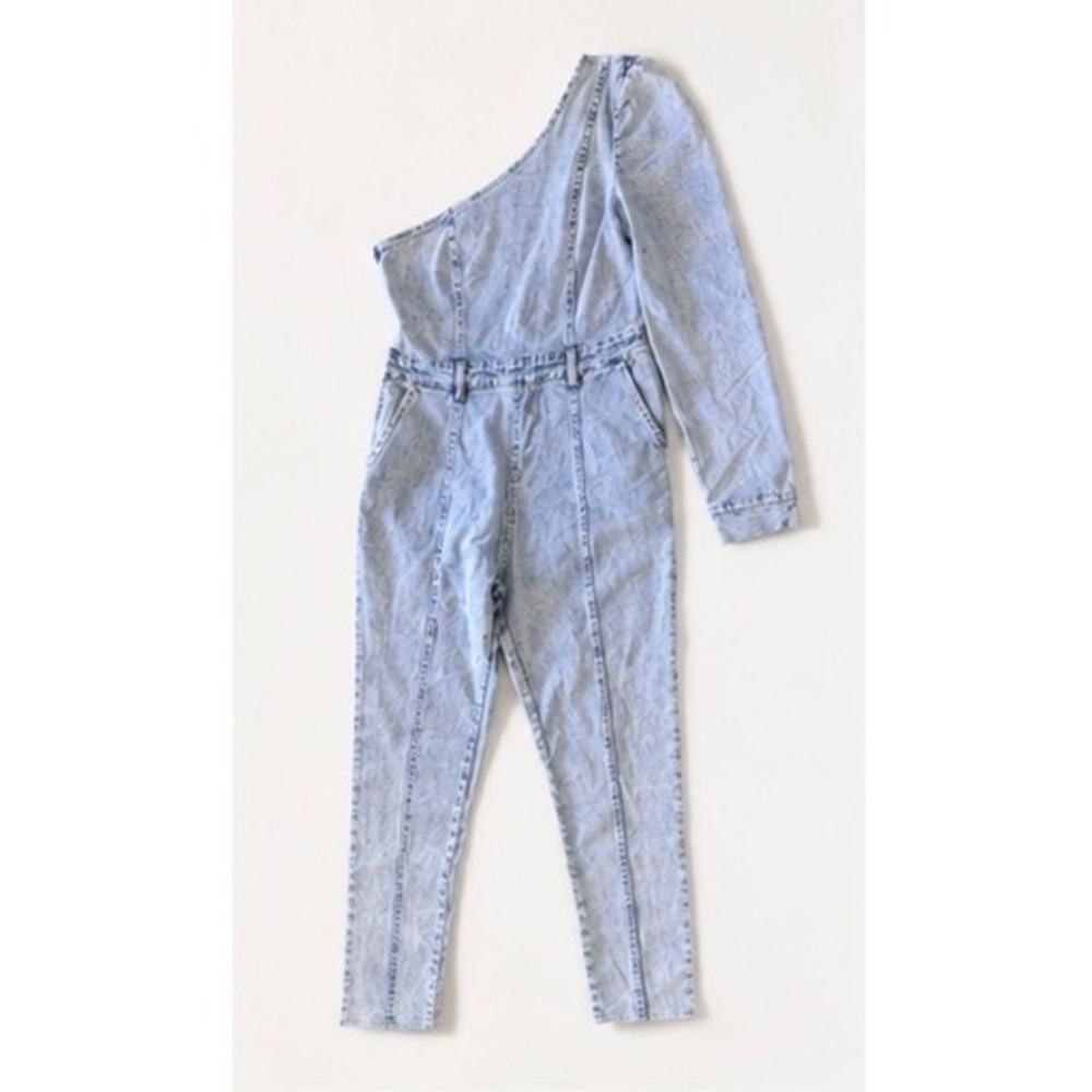Emprada One Shoulder Denim Jumpsuit Women's Medium Light Wash Stretch Y2K - Picture 2 of 11